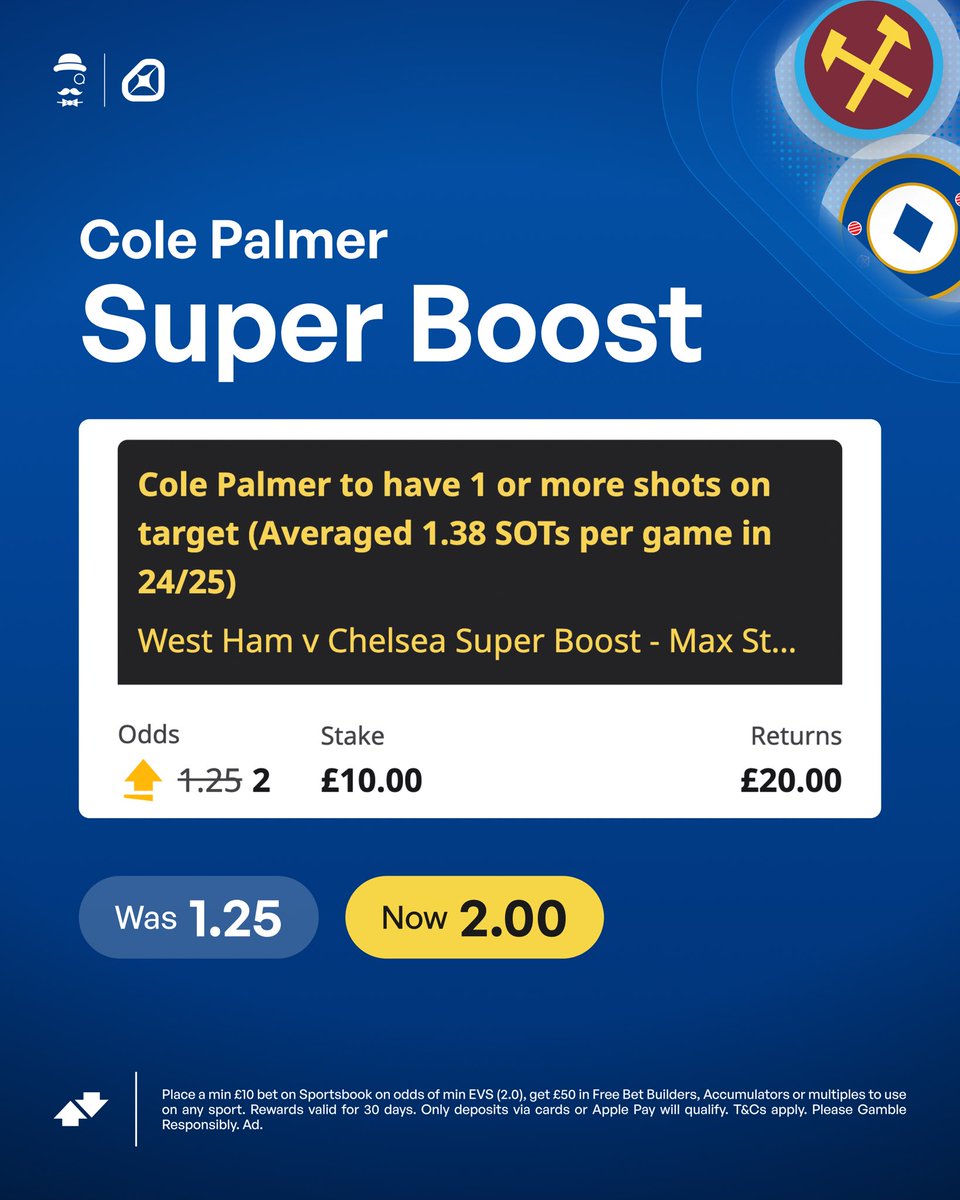 AndyRobsonTips's tweet photo. I've also backed this Cole Palmer Boost for tonight, looks another good one.

⚡️ Boosted from 1.25 to 2.00

Load bet: https://t.co/0taMCGW3d8

Join Betfair to access it, back it with £10 and you'll get £50 in Free Bets.

Claim offer: https://t.co/9VAQRzCyLk

18+, T&amp;Cs Apply. Ad https://t.co/8wYeRvFQi4