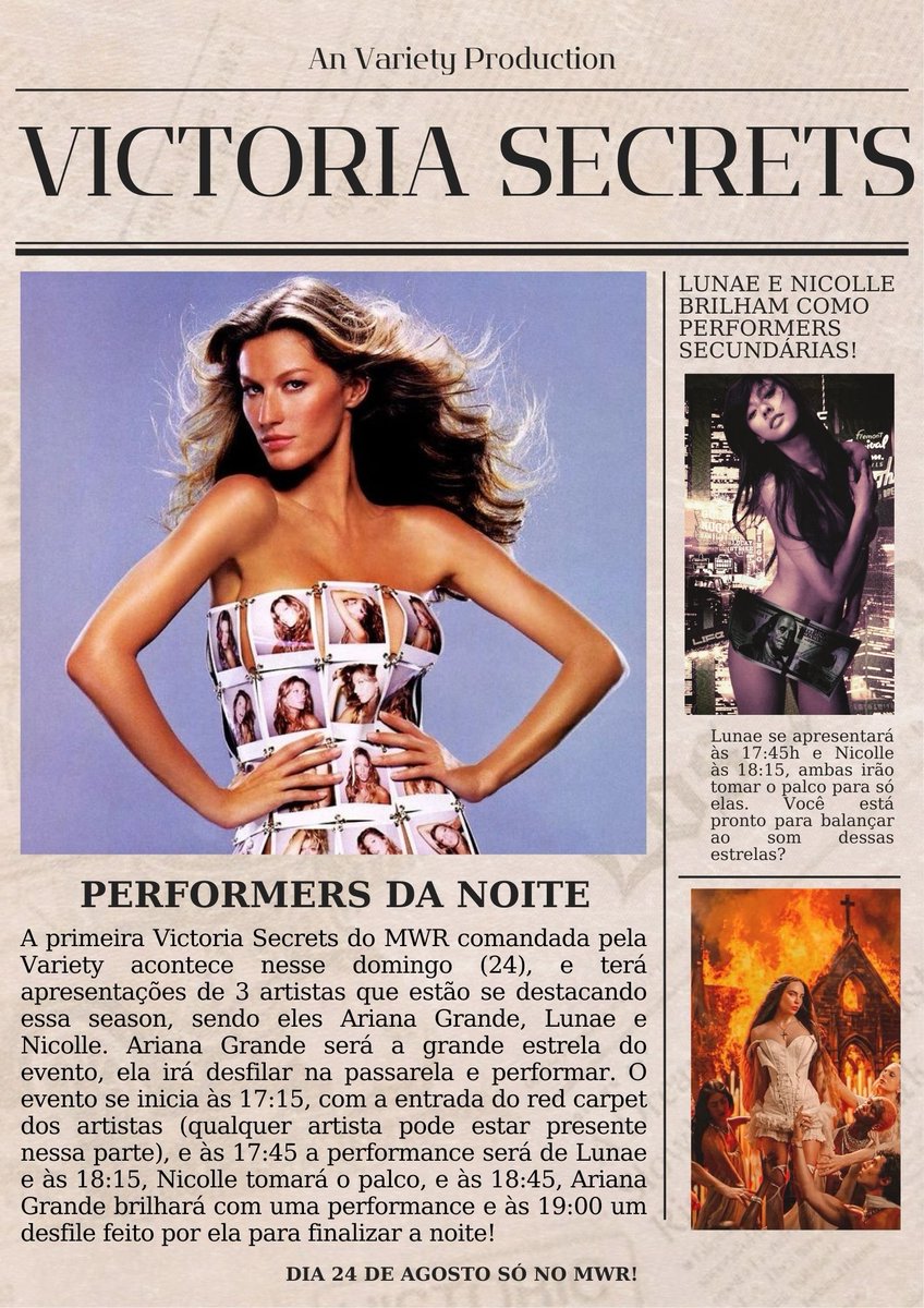 VICTORIA SECRETS — AN VARIETY PRODUCTION

Você está preparado para Ariana Grande, Lunae e Nicolle dominarem o maior palco da moda do MWR? DIA 24 DE AGOSTO ELAS CHEGAM COM TUDO!🔥

#VictoriaSecretsMWR