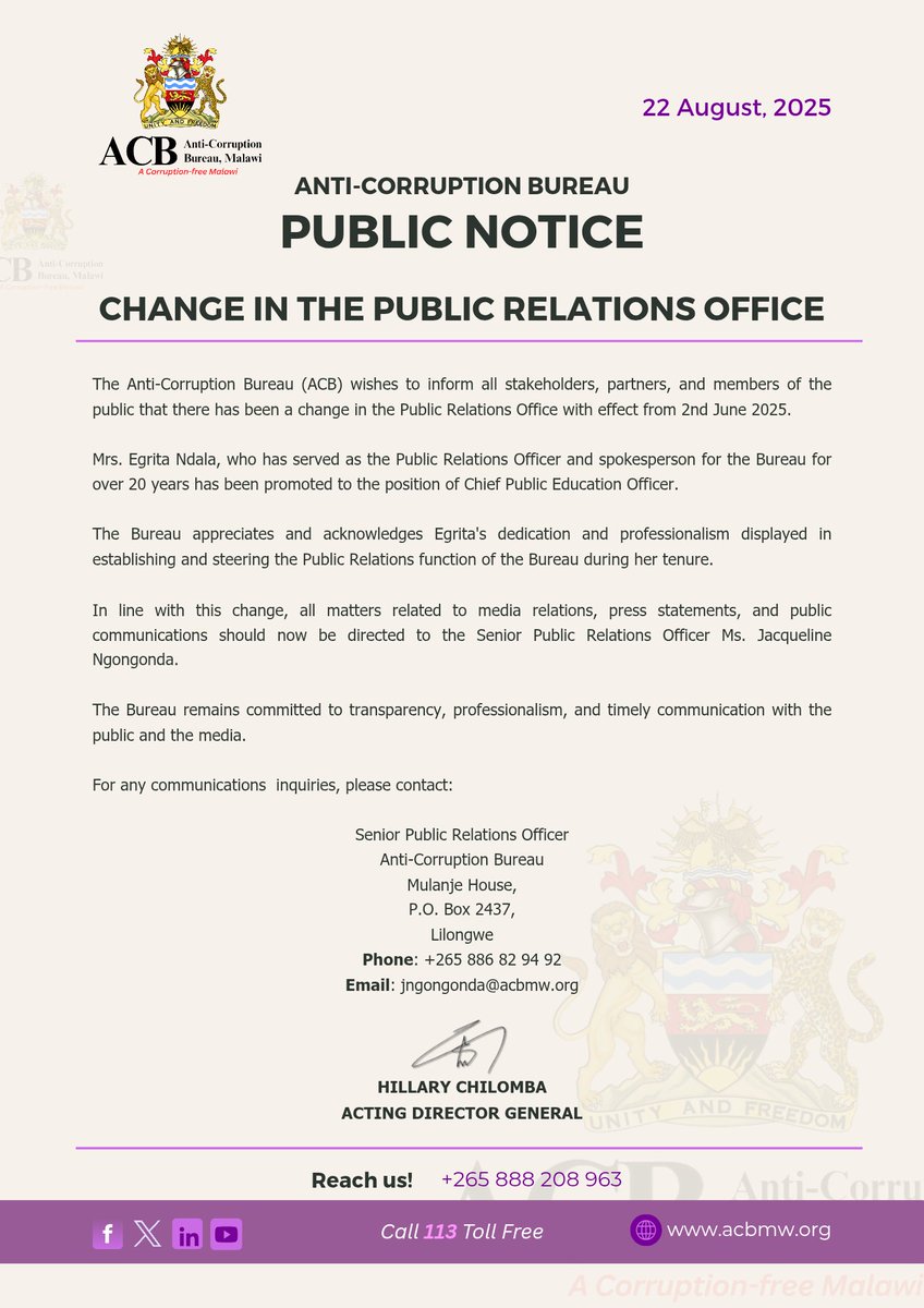 PUBLIC NOTICE ON  CHANGE IN PUBLIC RELATIONS OFFICE FOR ACB