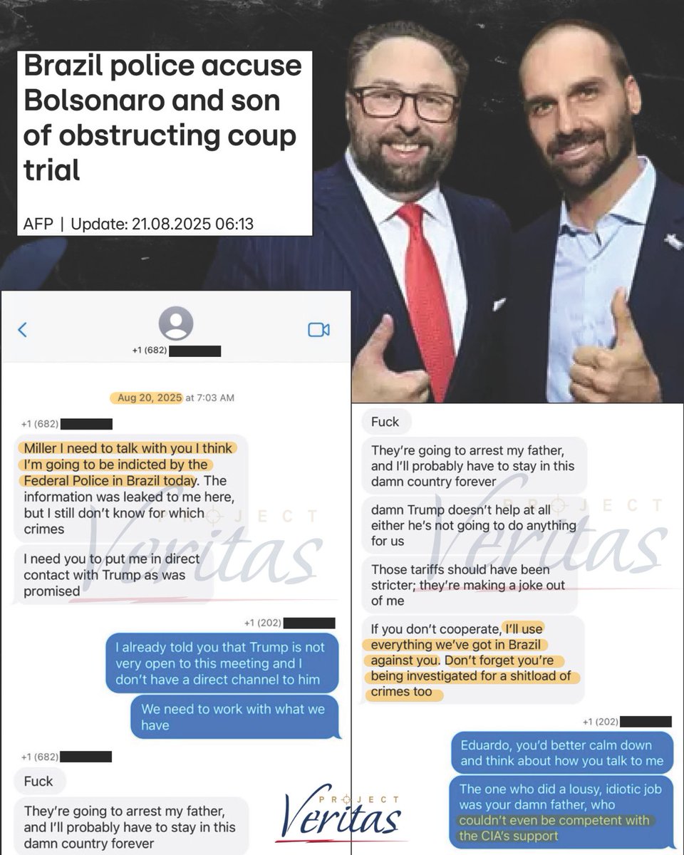 ‼️EXCLUSIVE LEAK: Jason Miller Confirms CIA Support to Brazil’s Bolsonaro Family

"Your damn father couldn't even be competent with the CIA's support."

Leaked August 20th texts between GOP advisor <a href="/JasonMiller/">Jason Miller</a> and Eduardo <a href="/BolsonaroSP/">Eduardo Bolsonaro🇧🇷</a> expose CIA ties to Brazil’s Bolsonaro