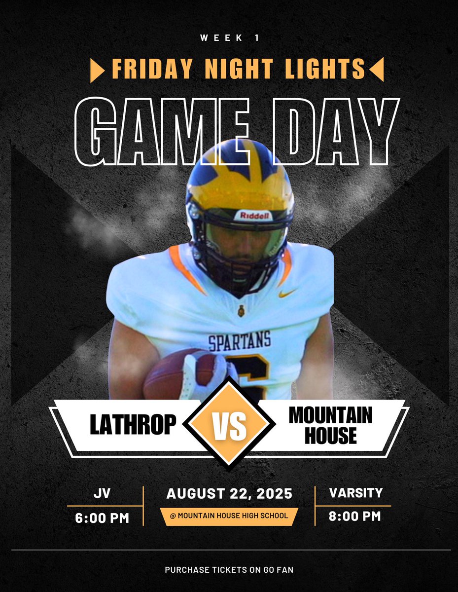 GAME DAY! 🏈

The Old River Rivalry still lives on! Our JV &amp; Varsity squads head to Mountain House tonight to take on the Mustangs.

LET’S GO!

(Please note the game time changes due to the weather)

#lathropfootball #LHS #spartannation #spartanstrong #blackandgold #letsgo