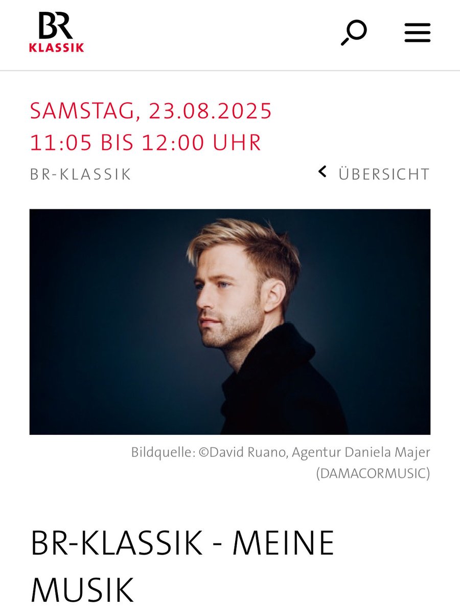 🎶✨ Morgen auf BR-Klassik! ✨🎶
Um 11:05 Uhr bin ich in der Sendung „Meine Musik“ zu hören – mit meiner persönlichen Musikauswahl und Einblicken in meinen Weg, mein Leben und die Abenteuer des Sänger-Daseins.

Ich freue mich, wenn ihr dabei seid!

#BRKlassik #MeineMusik