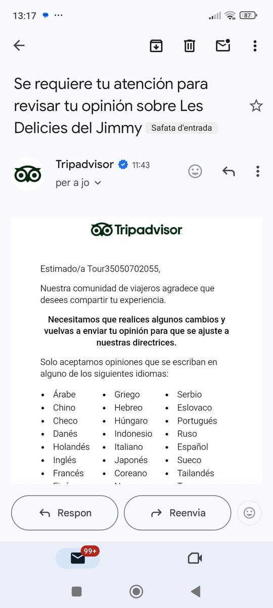 Els catalans no podem expressar l'opinió a TripAdvisor en la nostra llengua. El més curiós, és que admeten llengües menys parlades que el català, con l'eslovac, el danès i el finès.