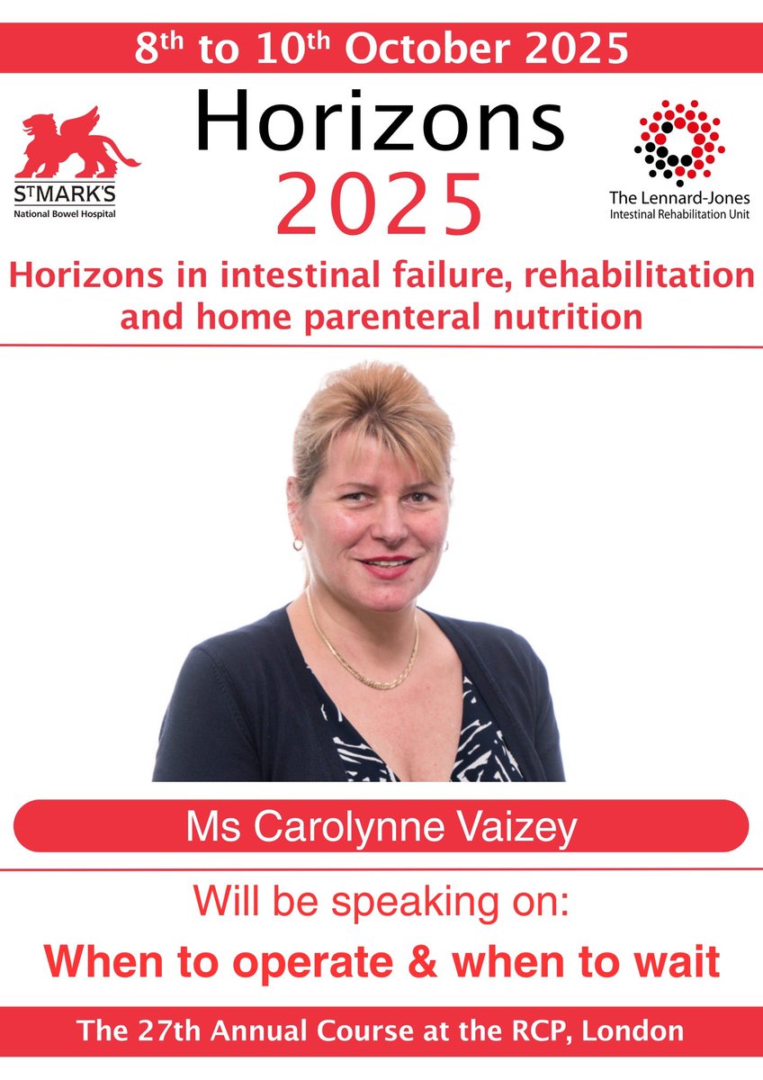 When to operate and when to wait? 🤷🏼‍♀️ 

This important topic is critical for any team and we look forward to this discussion on day 2 of ‘Horizons in Intestinal Failure’ lead by our consultant surgeon Ms Carolynne Vaizey ✅

Sign up for ‘Horizons’ in-person at the <a href="/RCPhysicians/">Royal College of Physicians</a> or