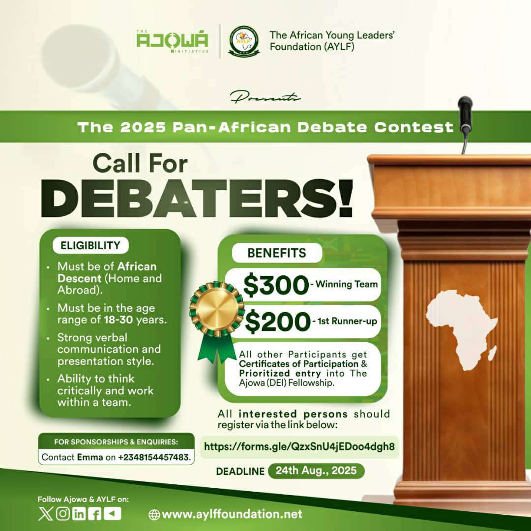 Do you want to partner or help sponsor this amazing initiative?

Feel free to contact us at +234 815 445 7483 or email us at  debate@aylffoundation.net 

Join us as we Inspire, Connect, and Transform our communities and Africa at large!