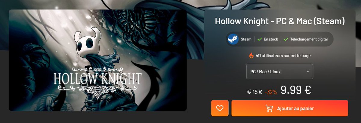 Après l'annonce inespérée de Silksong, il semblerait que le premier jeu de la série retrouve une seconde jeunesse. <a href="/InstantGamingFR/">Instant Gaming</a> propose une promo ici :

✅instant-gaming.com/fr/2198-achete…

(lien affi)