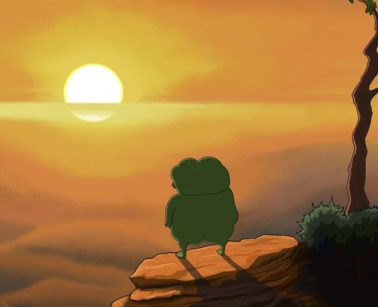 절벽에 서서 해지는 모습을 바라보는 Pepe the Frog 밈 이미지