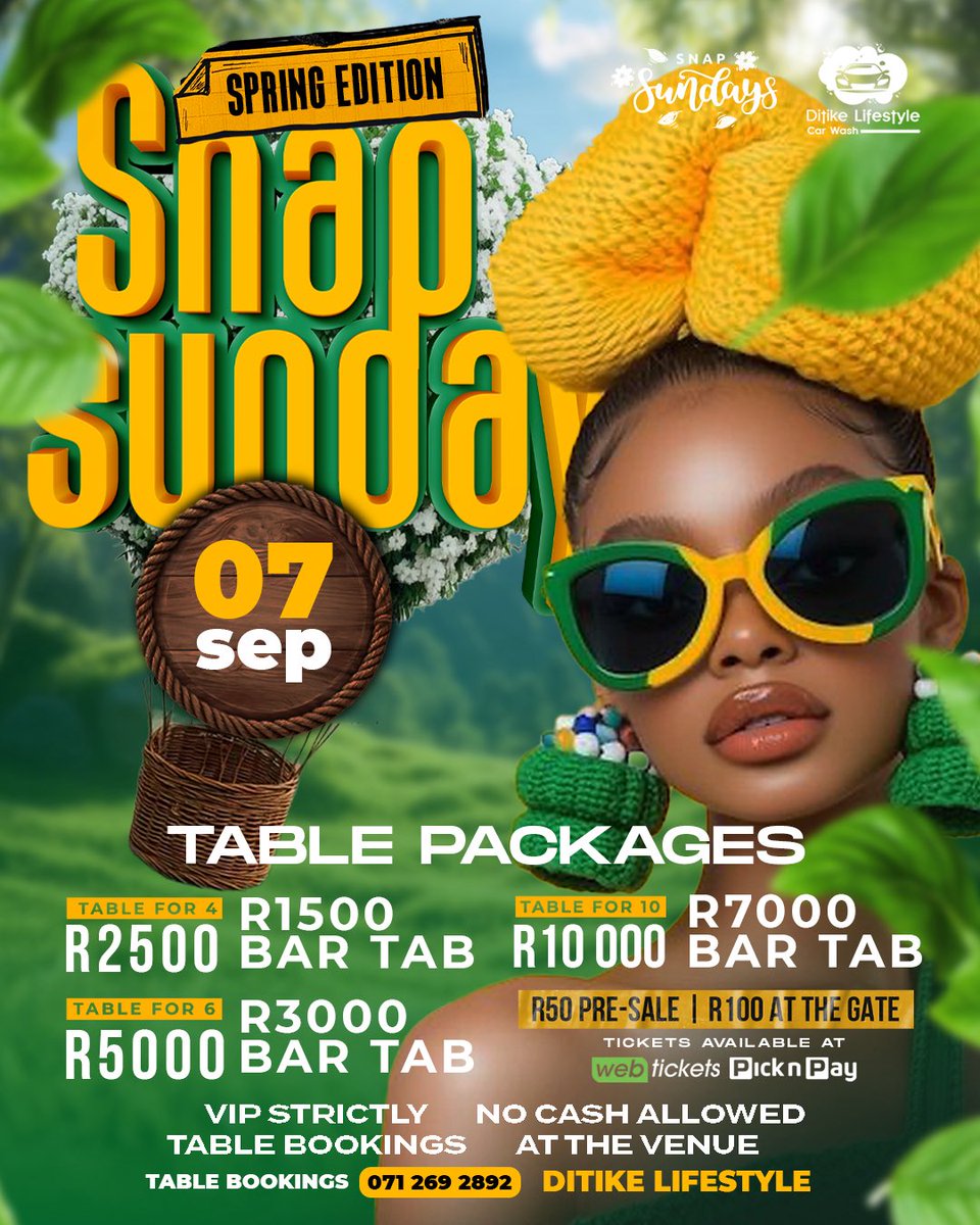 Feel like going to Snap Sundays (Spring Edition)? Tickets are sold through Webtickets, let's get ours! webtickets.co.za/v2/event.aspx?…