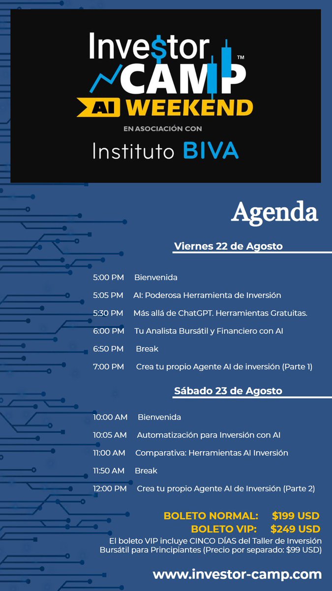 5 Códigos WEEKENDAI25 de 25% de descuento para los 5 lugares que quedan del InvestorCamp Weekend AI que comienza hoy.

Aprende a usar herramientas de inteligencia artificial para comenzar/fortalecer tu plan de inversión a corto y mediano plazo. Programa: 

investor-camp.com/events/investo…