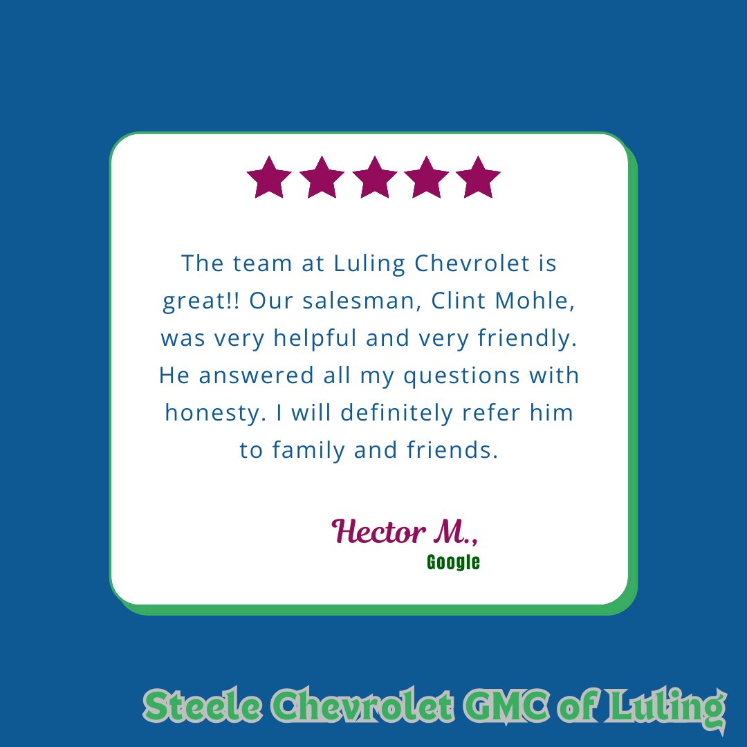 LulingChevrolet's tweet image. Hector, thank you for your kind words! Your recommendation means a lot to us, we truly appreciate your trust and support!