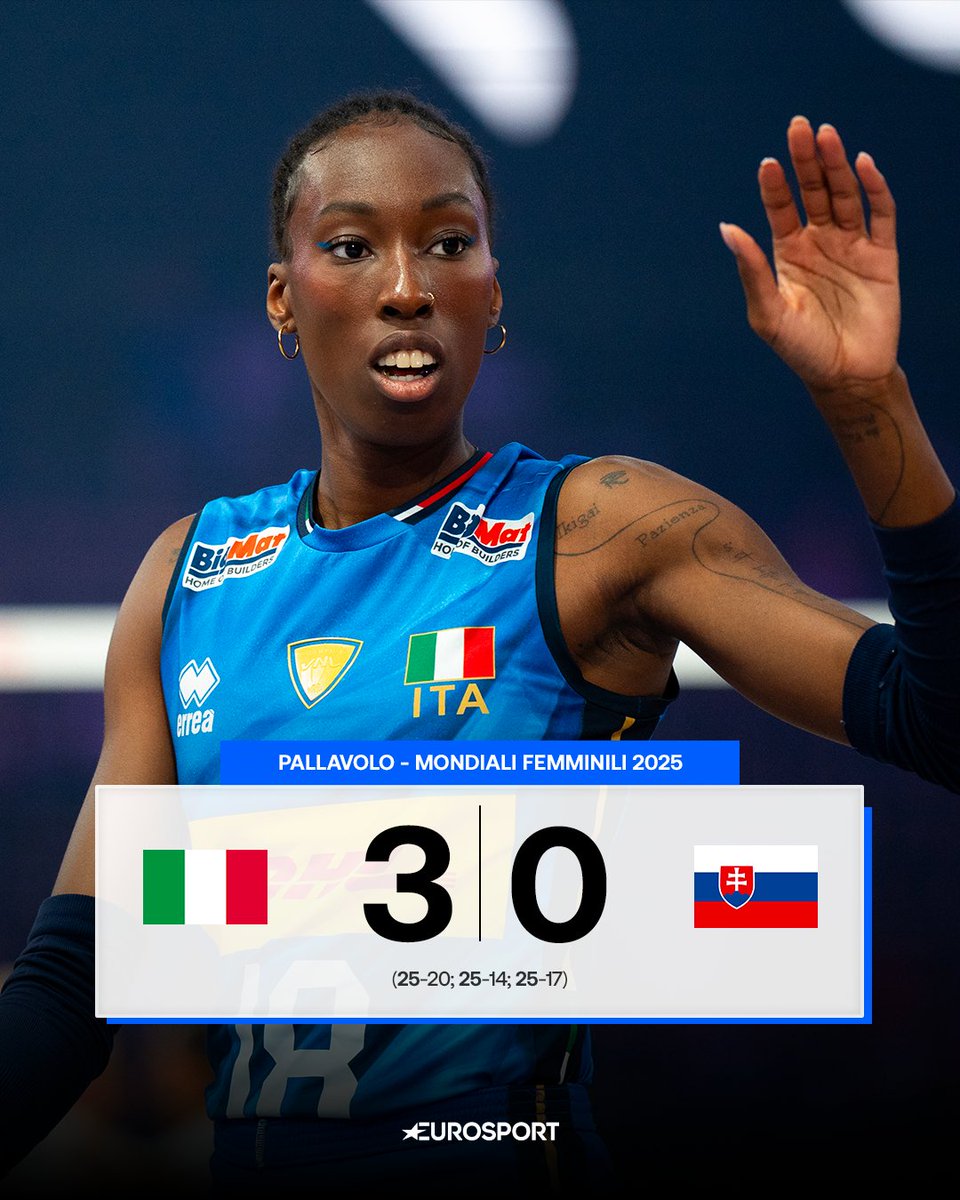 Eurosport_IT's tweet image. CHE ITALIA 🏐🇮🇹

L&apos;Italia non sbaglia e vince 3-0 all&apos;esordio iridato, battendo in poco più di un&apos;ora la Slovacchia, trascinata dai 15 punti di Paola Egonu e dal duo Nervini-Sylla 💪

#Pallavolo