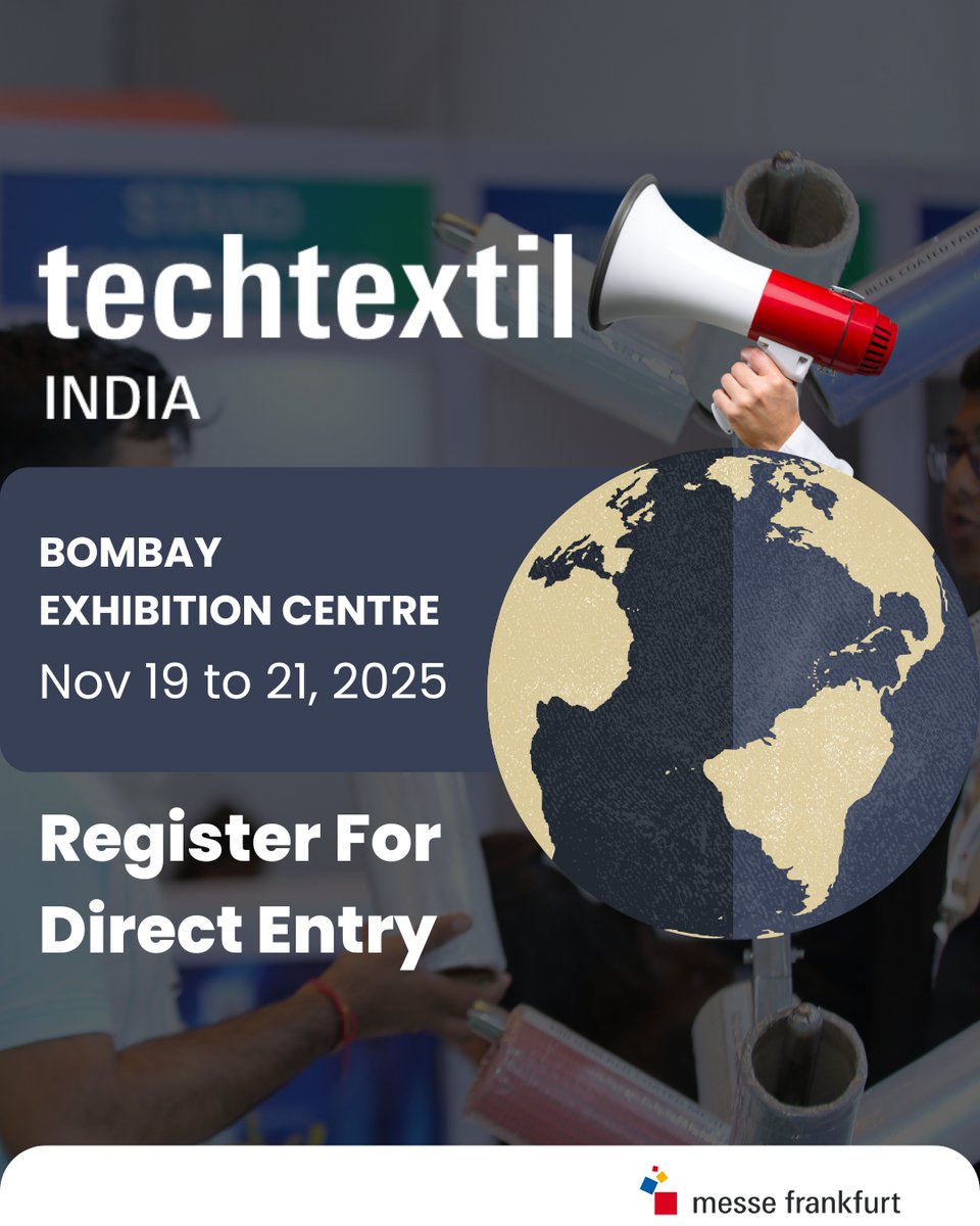 techtextilindia's tweet image. Looking for top PPE, filters or fabrics? Techtextil India brings the best global material makers right to Mumbai.

Date: - 19 to 21 November 2025
Address: - Bombay Exhibition Centre
Register Now: - shorturl.at/KfVxE

#SourceSmart #ProductShowcase