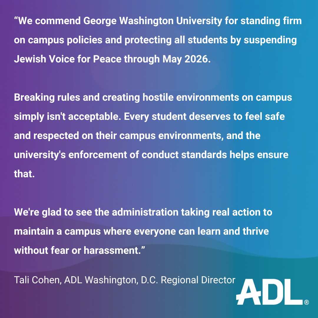 ADL Washington, D.C. (@adl_washdc) on Twitter photo Please read the statement from Regional Director Tali Cohen on <a href="/GWtweets/">GW University</a> suspension of Jewish Voice for Peace.
Read more here: tinyurl.com/4tbbxhnb Please read the statement from Regional Director Tali Cohen on <a href="/GWtweets/">GW University</a> suspension of Jewish Voice for Peace.
Read more here: tinyurl.com/4tbbxhnb