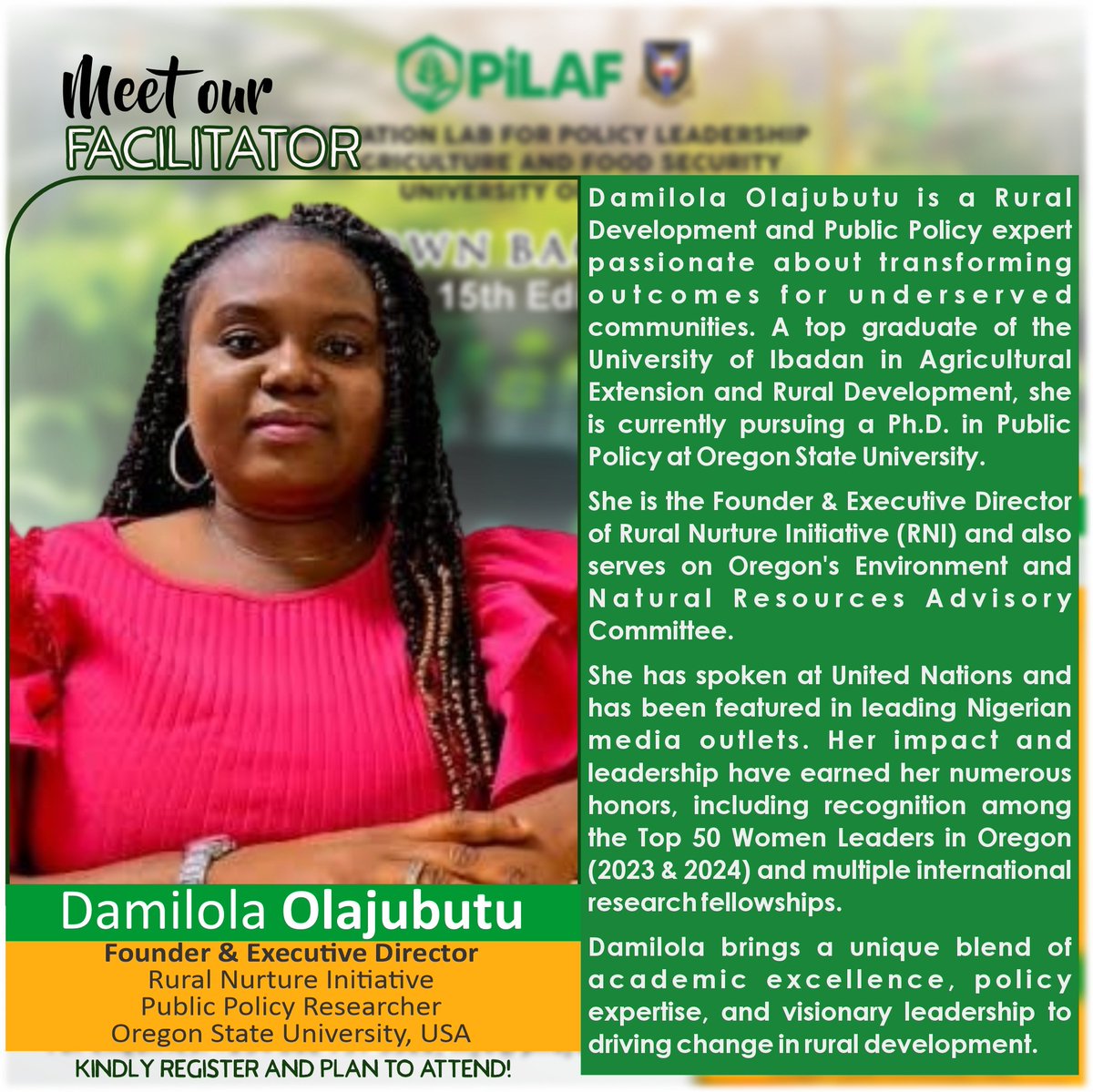 Meet Our Facilitator! We’re excited to host Damilola Olajubutu, Founder of Rural Nurture Initiative &amp; Public Policy Researcher @ Oregon State Univ., at PiLAF’s 15th Brown Bag Series  Aug. 28th, 2025 |  2–3:30PM WAT Google Meet Register: bit.ly/pilaf_bbs15