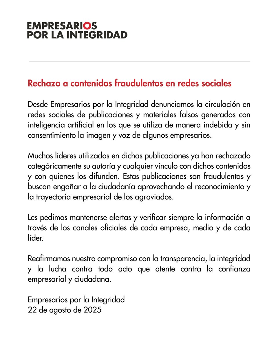Empresarios por la Integridad (@exiperu) on Twitter photo Desde <a href="/ExIPeru/">Empresarios por la Integridad</a> rechazamos la difusión en redes sociales de contenidos falsos creados con inteligencia artificial, en los que se utiliza de manera indebida y sin consentimiento la imagen y la voz de empresarios. Desde <a href="/ExIPeru/">Empresarios por la Integridad</a> rechazamos la difusión en redes sociales de contenidos falsos creados con inteligencia artificial, en los que se utiliza de manera indebida y sin consentimiento la imagen y la voz de empresarios.