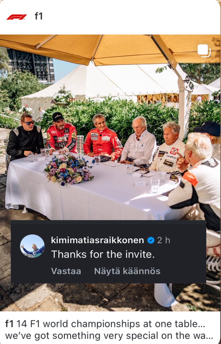 Kimi Räikkönen commented under <a href="/F1/">Formula 1</a> post where they got 14 championships sitting at a table together 📸

”Thanks for the invite.”
