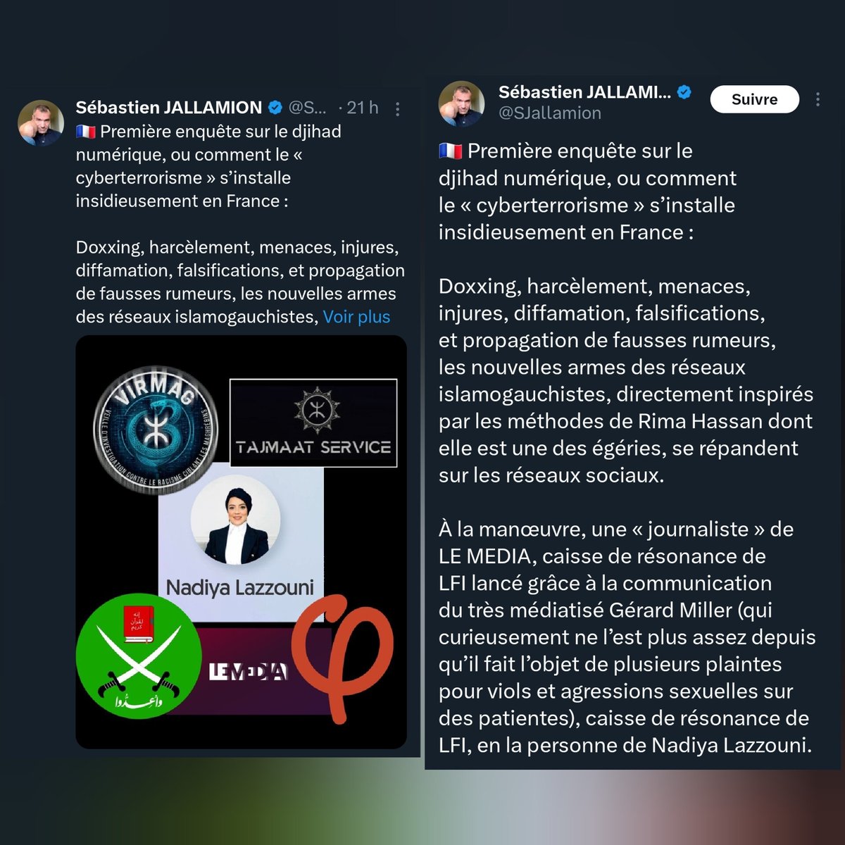 Tajmaât (@tajmaat_service) on Twitter photo 🇨🇵 FLASH - Sans surprise, après avoir publiquement exprimé son souhait « d’éradiquer les Musulmans », l’ex-policier <a href="/SJallamion/">Sébastien JALLAMION</a>, condamné pour violences conjugales, nous accuse désormais de « djihad numérique » et de terrorisme.
Nous tenons à répondre point par point à ces 🇨🇵 FLASH - Sans surprise, après avoir publiquement exprimé son souhait « d’éradiquer les Musulmans », l’ex-policier <a href="/SJallamion/">Sébastien JALLAMION</a>, condamné pour violences conjugales, nous accuse désormais de « djihad numérique » et de terrorisme.
Nous tenons à répondre point par point à ces