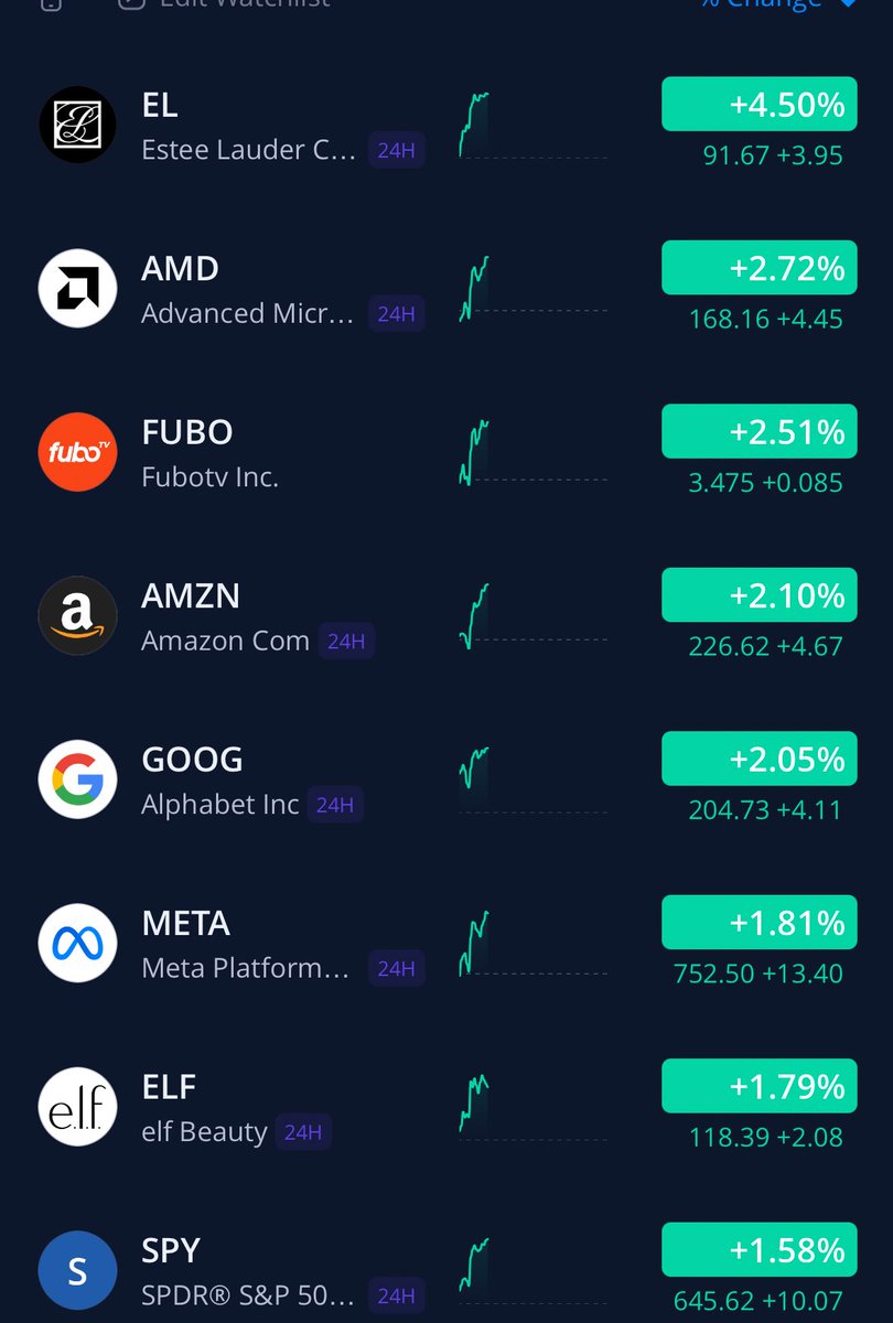 TJTTrades's tweet photo. W portfolio today! W Powell and the Jackson Hall meeting🥳

$EL $AMD $FUBO $AMZN $GOOG $META $ELF $SPY

Only thing down is my hedge 🥱 $KO
And I’m buying more of that every week🙌 https://t.co/oI6XP1VIp5