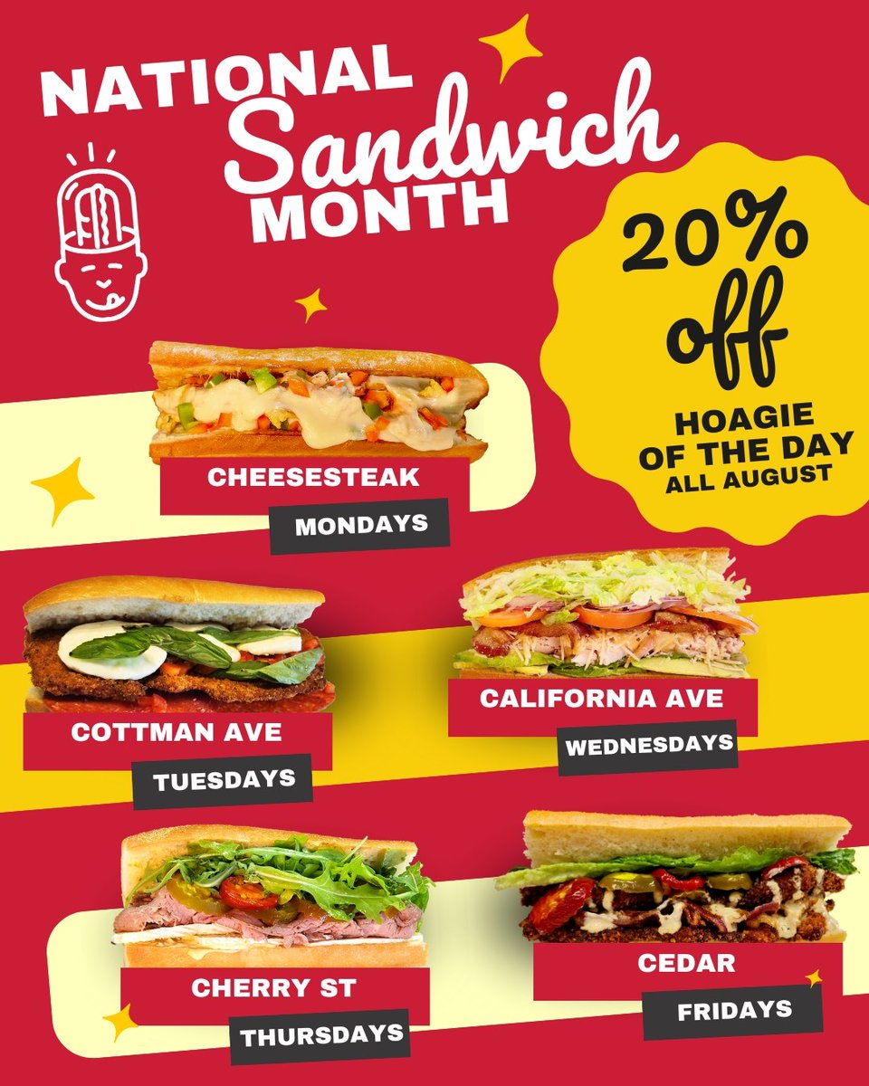 🥪 Enjoy 20% OFF our #HoagieOfTheDay for #NationalSandwichMonth 🥪

👉 Mon: Cheesesteak 🧀
👉 Tue: Cottman Ave 🌶️
👉 Wed: California Ave 🥑
👉 Thu: Cherry St 🍒
👉 Fri: Cedar 🥬

*20% off in-store only

Get the Best D*MN Hoagies in Town! 💥
#DCeats #Sandwich #TaylorGourmet