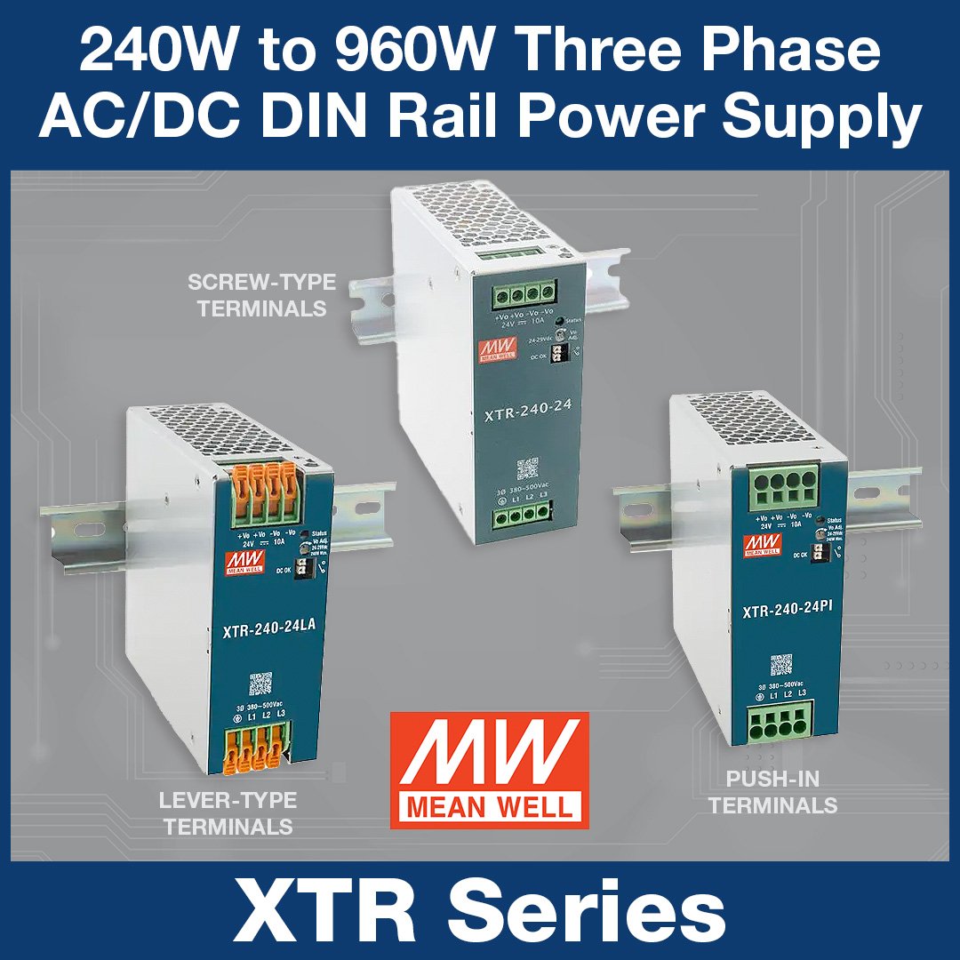 Discover the MEAN WELL XTR Series — three-phase DIN rail power supplies with 320–600 VAC input, ultra-low inrush (<10 A), and slim housing.

Up to 96% efficiency, with a 5-year warranty. Available in 240 W, 480 W &amp; 960 W.

Learn more: hubs.li/Q03CtcL20
