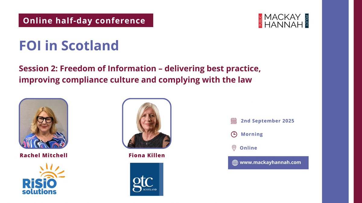 MacKay Hannah (@mackayhannah) on Twitter photo Session 2: #FOI โ delivering best practice, improving compliance culture & skills & complying with the law โ features RiSiO Solutions <a href="/gtcs/">The General Teaching Council for Scotland</a> <a href="/highlandliztkm/">Liz - Tkm Consulting</a> <a href="/akaIRMbigyin/">Heather Jack</a>
๐ฅ๏ธ Online half-day conference
๐๏ธ 2 Sept 2025
๐ท ยฃ169: book 2, get 3rd half price
โน๏ธ ow.ly/C4hI50VWV1c Session 2: #FOI โ delivering best practice, improving compliance culture & skills & complying with the law โ features RiSiO Solutions <a href="/gtcs/">The General Teaching Council for Scotland</a> <a href="/highlandliztkm/">Liz - Tkm Consulting</a> <a href="/akaIRMbigyin/">Heather Jack</a>
๐ฅ๏ธ Online half-day conference
๐๏ธ 2 Sept 2025
๐ท ยฃ169: book 2, get 3rd half price
โน๏ธ ow.ly/C4hI50VWV1c