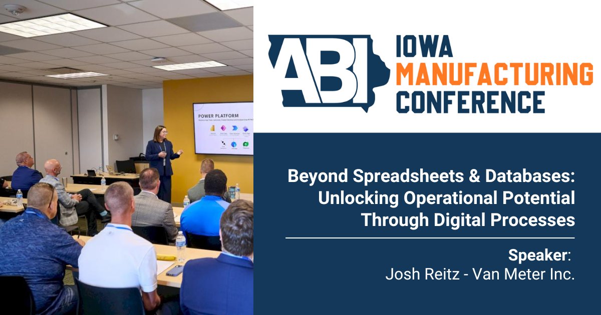 Iowa ABI (@iowaabi) on Twitter photo Workshop highlight: Unlock operational potential
Join Josh Reitz, <a href="/VanMeterInc/">Van Meter Inc.</a>, at the Iowa Manufacturing Conference to explore how digital tools can replace manual processes, boost efficiency, and transform operations.
Register here: bit.ly/4oChqSV Workshop highlight: Unlock operational potential
Join Josh Reitz, <a href="/VanMeterInc/">Van Meter Inc.</a>, at the Iowa Manufacturing Conference to explore how digital tools can replace manual processes, boost efficiency, and transform operations.
Register here: bit.ly/4oChqSV