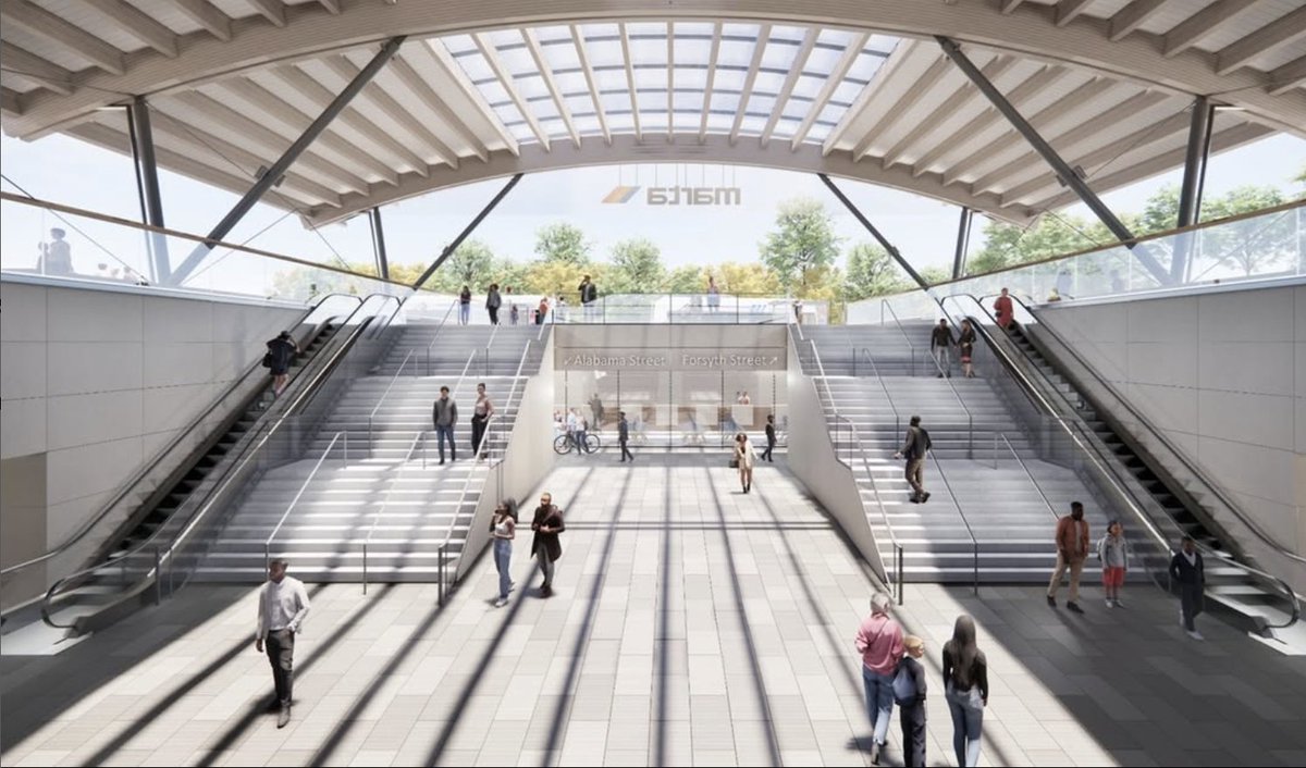 ATLTransitLink's tweet image. 🚉 Exciting updates at Five Points Station! Phase one starts with canopy removal, paving the way for a sleek new canopy, a revamped bus hub, better pedestrian connections, & vibrant community spaces. Here’s a sneak peek of the finished project! #TheATL #XpressGA