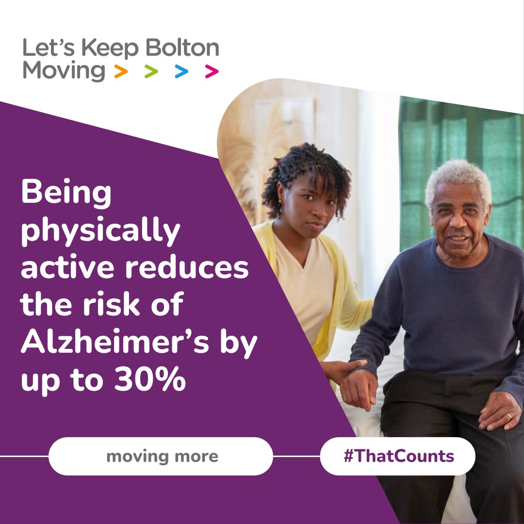 PH_Bolton's tweet image. 🧠💜September is #AlzheimersMonth.
Being physically active can cut your risk of Alzheimer’s by up to 30%
Every step, every stretch #ThatCounts
#MovingMore #LetsKeepBoltonMoving