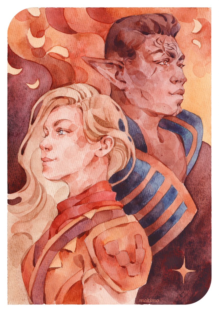 Illustration I made as a gift for my friend. Her beautiful Rook Juliana Aldwir and the brave Grey Warden Davrin 🧡

#Davrook #Davrin #DragonAge #DragonAgeTheVeilguard