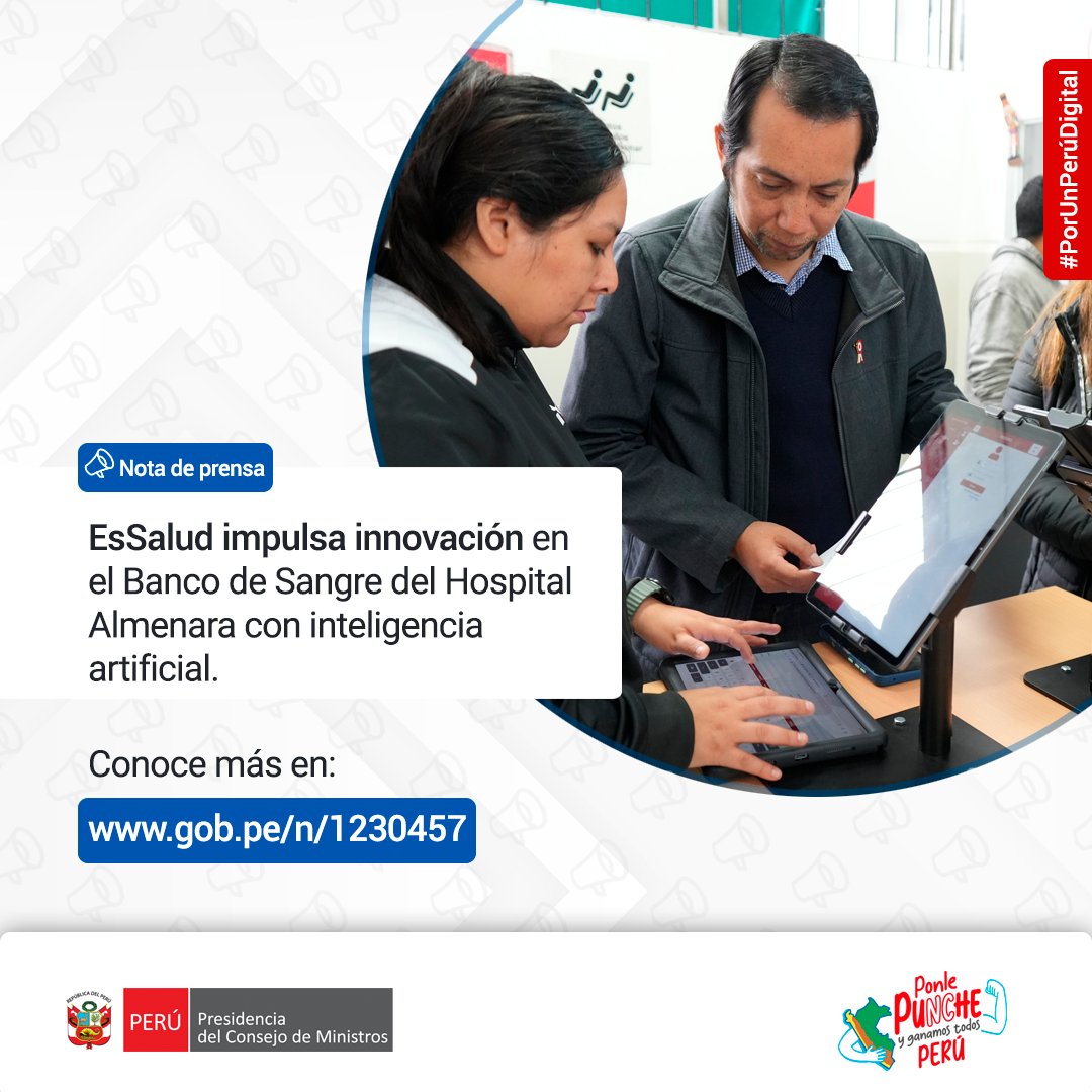 Secretaría de Gobierno y Transformación Digital (@perupaisdigital) on Twitter photo 📢 El Hospital Almenara de <a href="/EsSaludPeru/">EsSalud Perú</a> implementó un sistema con inteligencia artificial en su banco de sangre, que permite reducir el tiempo de atención a los donantes y fortalecer la calidad, seguridad y eficiencia en el proceso de transfusión.
🔎 Conoce más: 📢 El Hospital Almenara de <a href="/EsSaludPeru/">EsSalud Perú</a> implementó un sistema con inteligencia artificial en su banco de sangre, que permite reducir el tiempo de atención a los donantes y fortalecer la calidad, seguridad y eficiencia en el proceso de transfusión.
🔎 Conoce más: