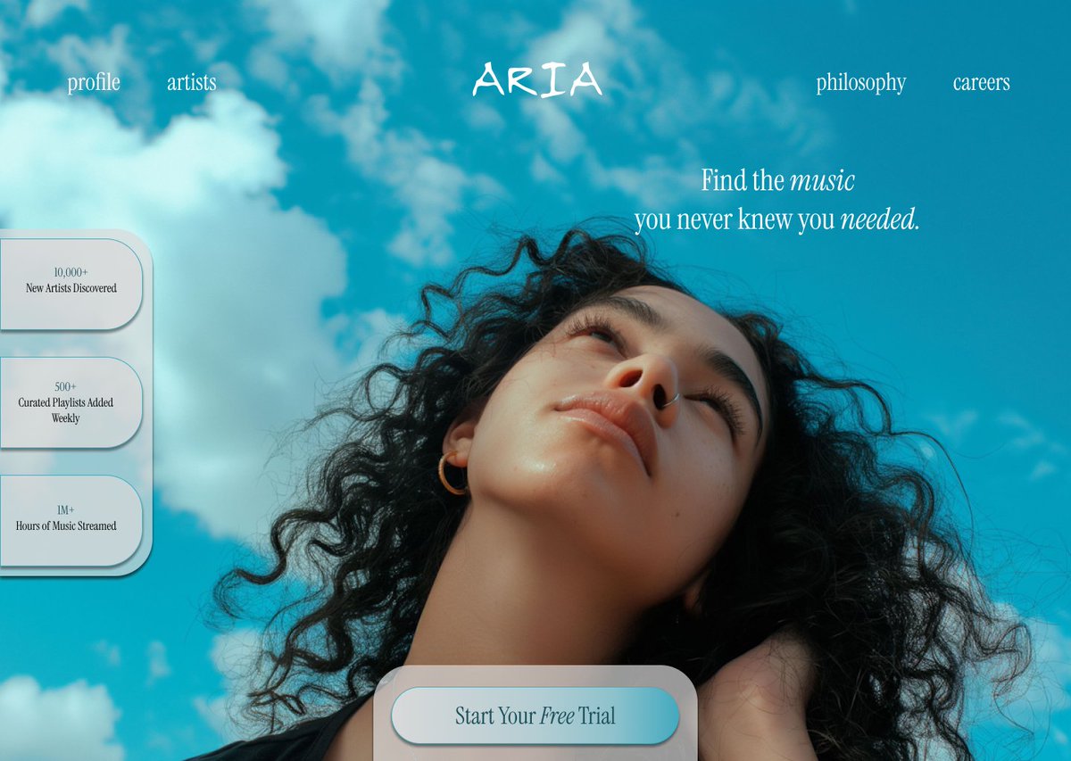 Rvoltedev's tweet image. I'm excited to share my latest design project, Aria. It's a new kind of music discovery platform focused on creating an immersive experience that helps you find the sound you never knew you needed.

#UIUX #WebDesign #MusicApp #DesignInspiration #Aria