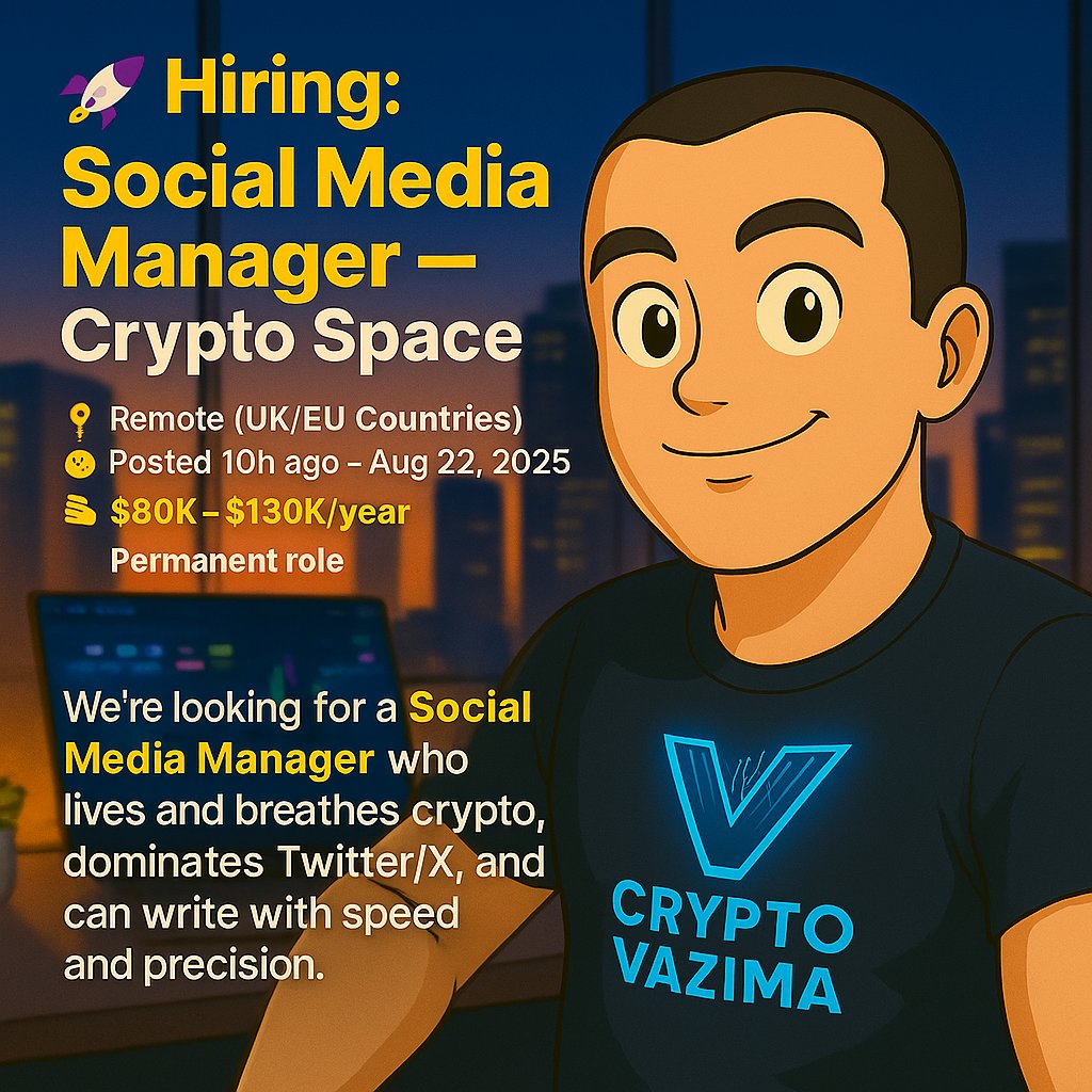 🚀 Hiring: Social Media Manager — Crypto Space
📍 Remote (UK/EU) | 💼 Permanent | 🧑‍💻 Content &amp; Marketing | 💰 $80K–$130K/year

📩 All application links are inside my Telegram post — t.me/web3_jobs_cryp…

Looking for a social media pro who breathes crypto + writes faster than a