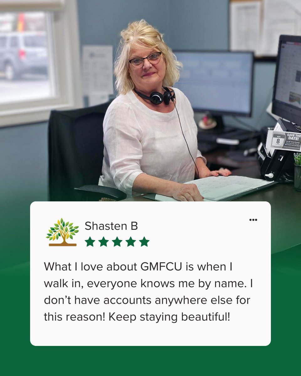 Names matter. Faces matter. People matter. 💚

That’s the GMFCU difference — and why our members feel right at home.

#GMFCU #CreditUnionDifference #MemberLove #GreatMeadowFCU