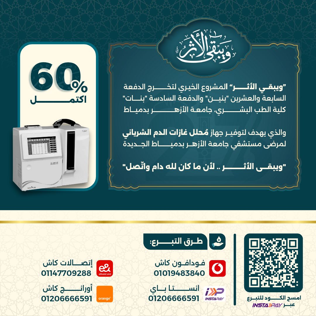 احنا كمان دفعتنا بتساهم بجهاز ABG لمستشفى أزهر دمياط عندنا والحمد لله عدينا نص المبلغ وباقي قليل إن شاء الله يا ريت اللي يقدر يساهم في أي من الجانبين ميتأخرش ربنا يتقبل من الجميع وبارك الله في الأزهر وأبنائه❤️❤️