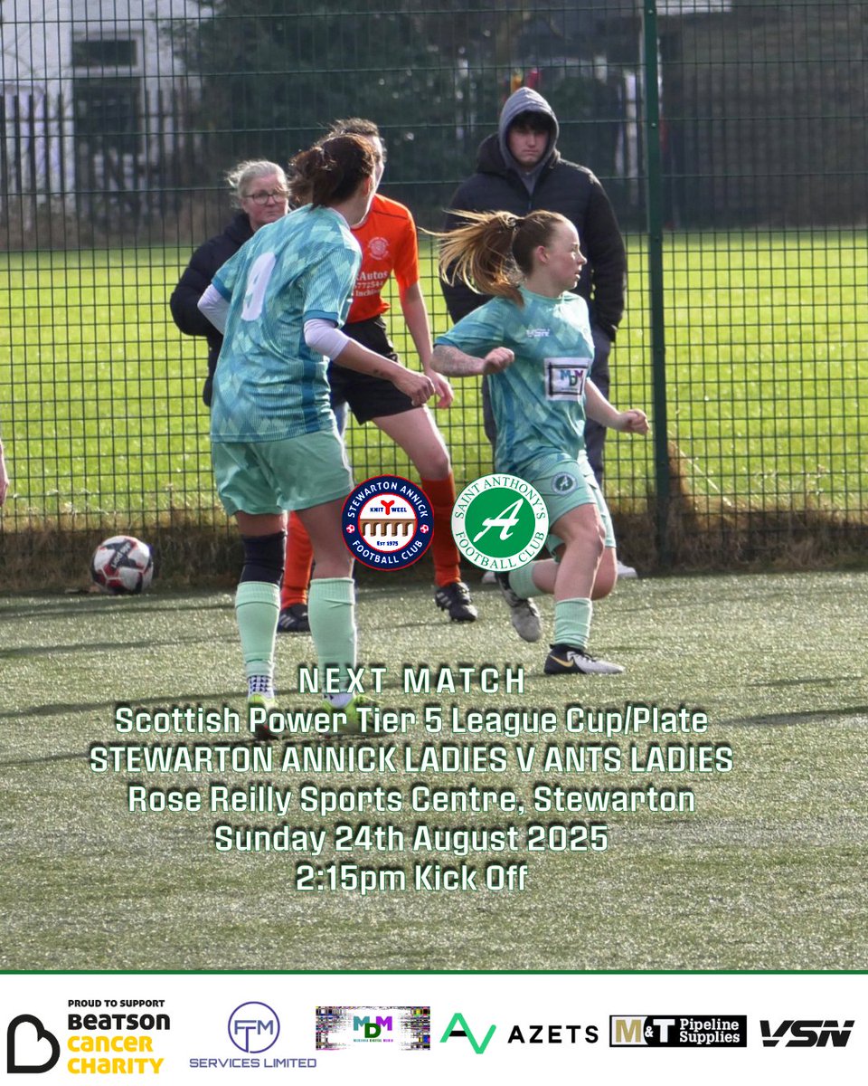 Back in competitive action this Sunday!

We travel to open up our 2025/26 season as we face <a href="/stewartonannic1/">Stewarton Annick Girls FC</a> in the <a href="/RegionalSWFL/">Scottish Women's Football League</a> <a href="/ScottishPower/">ScottishPower</a> League Cup/Plate group stage. 

Kick off 2:15pm

It feels sooooo good to be back!!