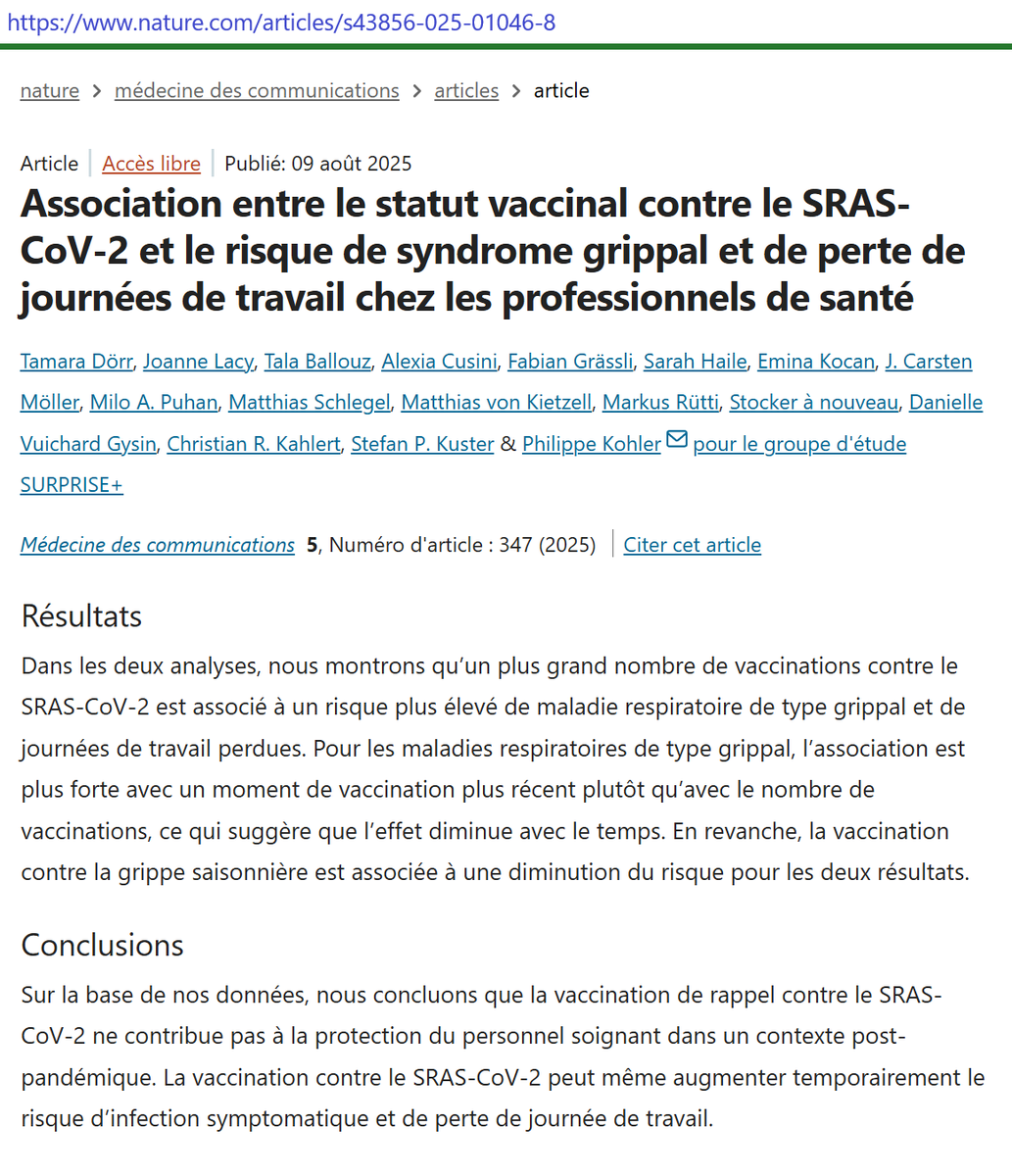 "nous montrons qu’un plus grand nombre de vaccinations contre le SRAS-CoV-2 est associé à un risque plus élevé de maladie respiratoire de type grippal... nous concluons que la vaccination de rappel contre le SRAS-CoV-2 ne contribue pas à la protection du personnel soignant"