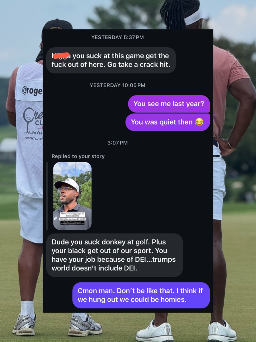 RogerSteeleJr's tweet image. It’s a wild feeling knowing that as soon as I under perform someone’s gonna call me the N word in my DMs, but I don’t let things like this bother me anymore. I’m too blessed. 

I truly believe that none of us hate each other. We just haven’t played golf together yet.