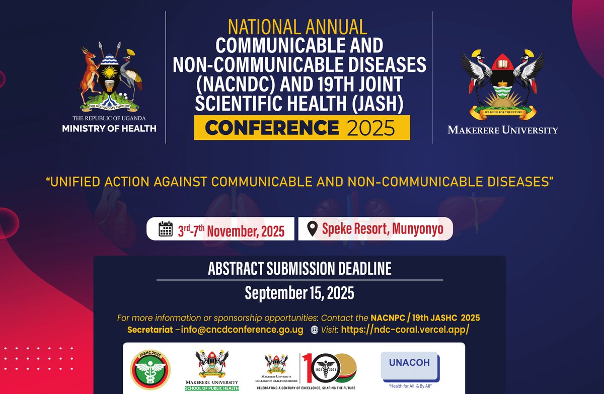 Makerere University School of Public Health (@maksph) on Twitter photo Call for Abstracts – NACNDC & JASH Conference 2025
The <a href="/MinofHealthUG/">Ministry of Health- Uganda</a>, in partnership with Makerere University School of Public Health (<a href="/MakSPH/">Makerere University School of Public Health</a>), Makerere University College of Health Sciences (<a href="/MakerereCHS/">Makerere University College of Health Sciences</a>), and other partners, invites you to the inaugural National Annual Call for Abstracts – NACNDC & JASH Conference 2025
The <a href="/MinofHealthUG/">Ministry of Health- Uganda</a>, in partnership with Makerere University School of Public Health (<a href="/MakSPH/">Makerere University School of Public Health</a>), Makerere University College of Health Sciences (<a href="/MakerereCHS/">Makerere University College of Health Sciences</a>), and other partners, invites you to the inaugural National Annual