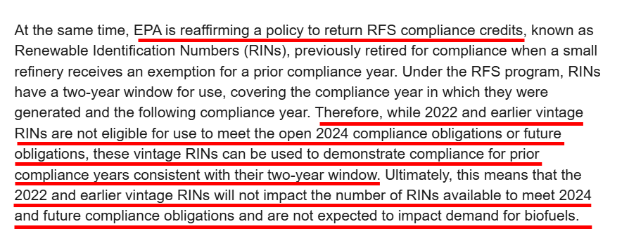 EPA's #RIN refund policy:  EPA will return RFS compliance credits to obligated parties.  2022 and earlier vintage RINs cannot meet 2024 and future compliance obligations. Therefore, EPA does not expect older-vintage RINs to impact #biofuels demand.