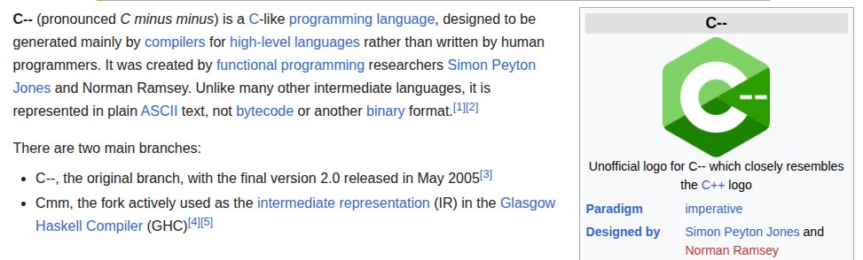 C-- is the most forgotten ‘C’ language. designed by legends, used by ghc, then buried by LLVM. who here has actually written a line of C--?