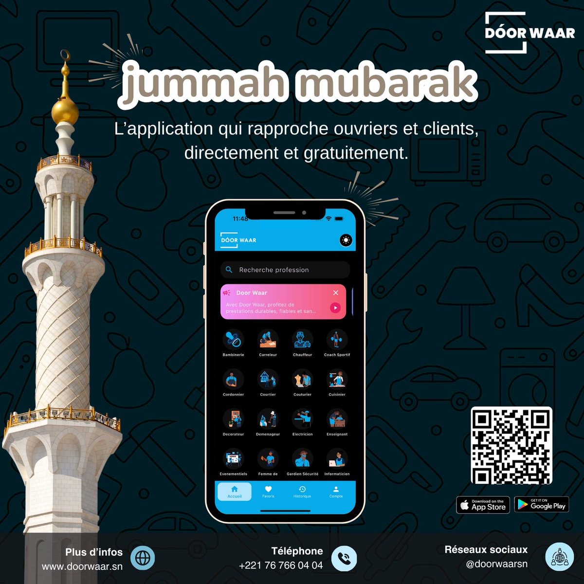 💡 Votre temps est précieux. Vos besoins aussi.
Avec DÓOR-WAAR, rapprochez ouvriers et clients en un clic :
✔ Recherche facile
✔ Contact direct
✔ 100% gratuit

👉 Essayez dès aujourd’hui sur Playstore et Appstore !