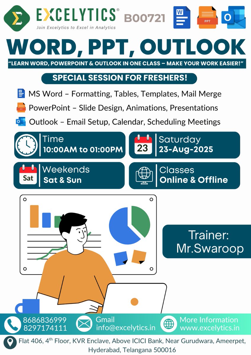 excelytics_info's tweet image. Hi,

Hope you are doing well, wanted to keep you posted that we have Demo session MS Office on 23-Aug-2025 between 10:00AM-01:00PM by Mr. Swaroop 

  Registration Link : excelytics.info/Registration-L…

 WhatsApp Link : chat.whatsapp.com/KMNFmRVkUttJKH…

 Zoom Link : excelytics.info/B00721