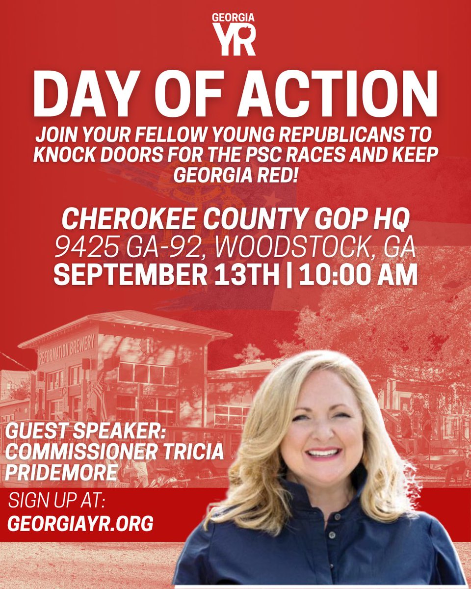 Georgia Young Republicans (@georgiayr) on Twitter photo šPlug in with GYR on September 13th to help us re-elect <a href="/timechols/">Tim Echols</a> and <a href="/FriendsForFitz/">Fitz Johnson</a> to the PSC!
We will be hearing from current Commissioner <a href="/TPridemore/">Tricia Pridemore</a> before we start knocking doors.
RSVP ā”ļø forms.gle/nCk2qmuFgK6vWt⦠šPlug in with GYR on September 13th to help us re-elect <a href="/timechols/">Tim Echols</a> and <a href="/FriendsForFitz/">Fitz Johnson</a> to the PSC!
We will be hearing from current Commissioner <a href="/TPridemore/">Tricia Pridemore</a> before we start knocking doors.
RSVP ā”ļø forms.gle/nCk2qmuFgK6vWtā¦