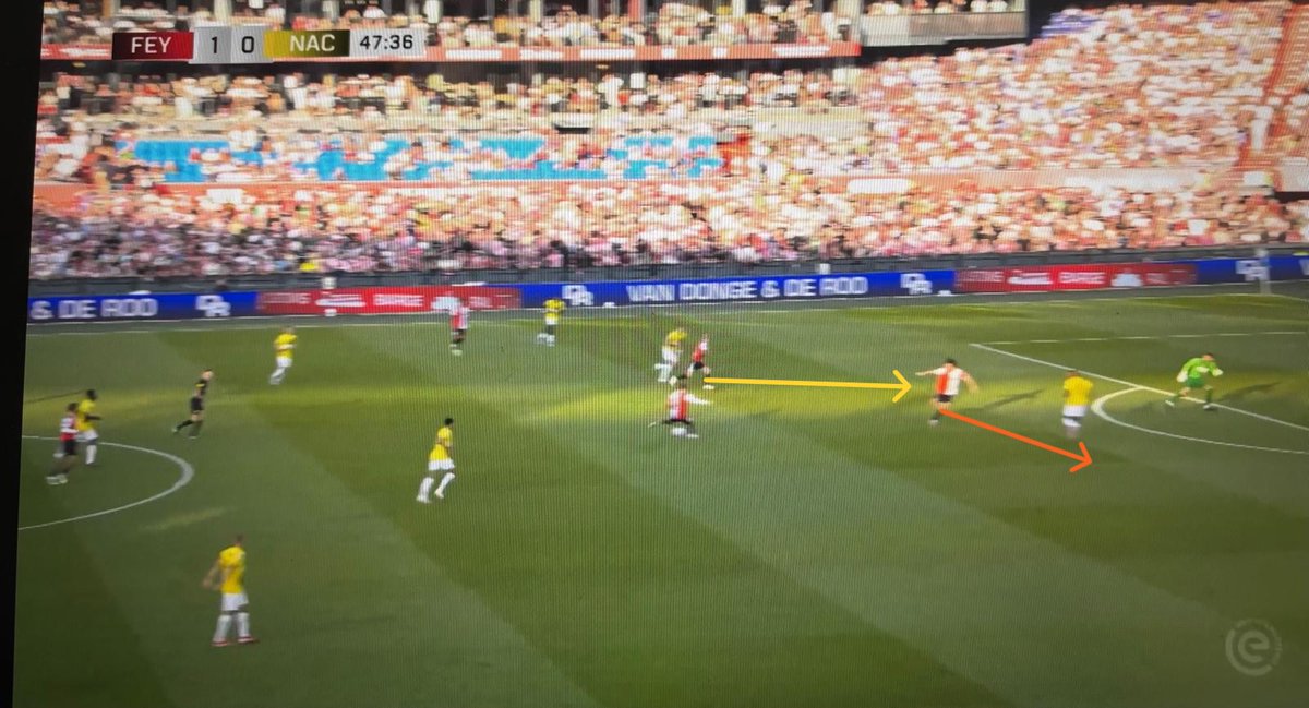 Dit is het moment van Hadj-Moussa z'n lob. Ik snap waarom hij het probeert als je de keeper ziet maar nu gaat het mij om Ueda.

Ueda maakt hier een vuil loopje om de verdediger mee te trekken, ondertussen wijst hij naar Steijn dat de bal daar naartoe moet.

Ideale teamspeler imo.