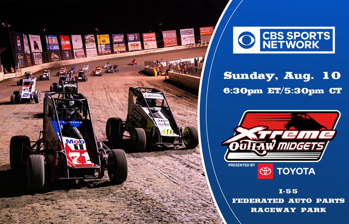 Xtreme Outlaw Midget Series (@xtreme_outlaw) on Twitter photo 𝐓𝐎𝐃𝐀𝐘'𝐒 𝐓𝐇𝐄 𝐃𝐀𝐘! 📺
Watch the #XtremeOutlaw Midgets on <a href="/CBSSports/">CBS Sports</a> Network and relive the action from the June racing at <a href="/I55Raceway/">I-55 Raceway</a>!
Coverage begins at 6:30pm ET. Don’t miss out on getting your fix of Sunday dirt racing! 𝐓𝐎𝐃𝐀𝐘'𝐒 𝐓𝐇𝐄 𝐃𝐀𝐘! 📺
Watch the #XtremeOutlaw Midgets on <a href="/CBSSports/">CBS Sports</a> Network and relive the action from the June racing at <a href="/I55Raceway/">I-55 Raceway</a>!
Coverage begins at 6:30pm ET. Don’t miss out on getting your fix of Sunday dirt racing!