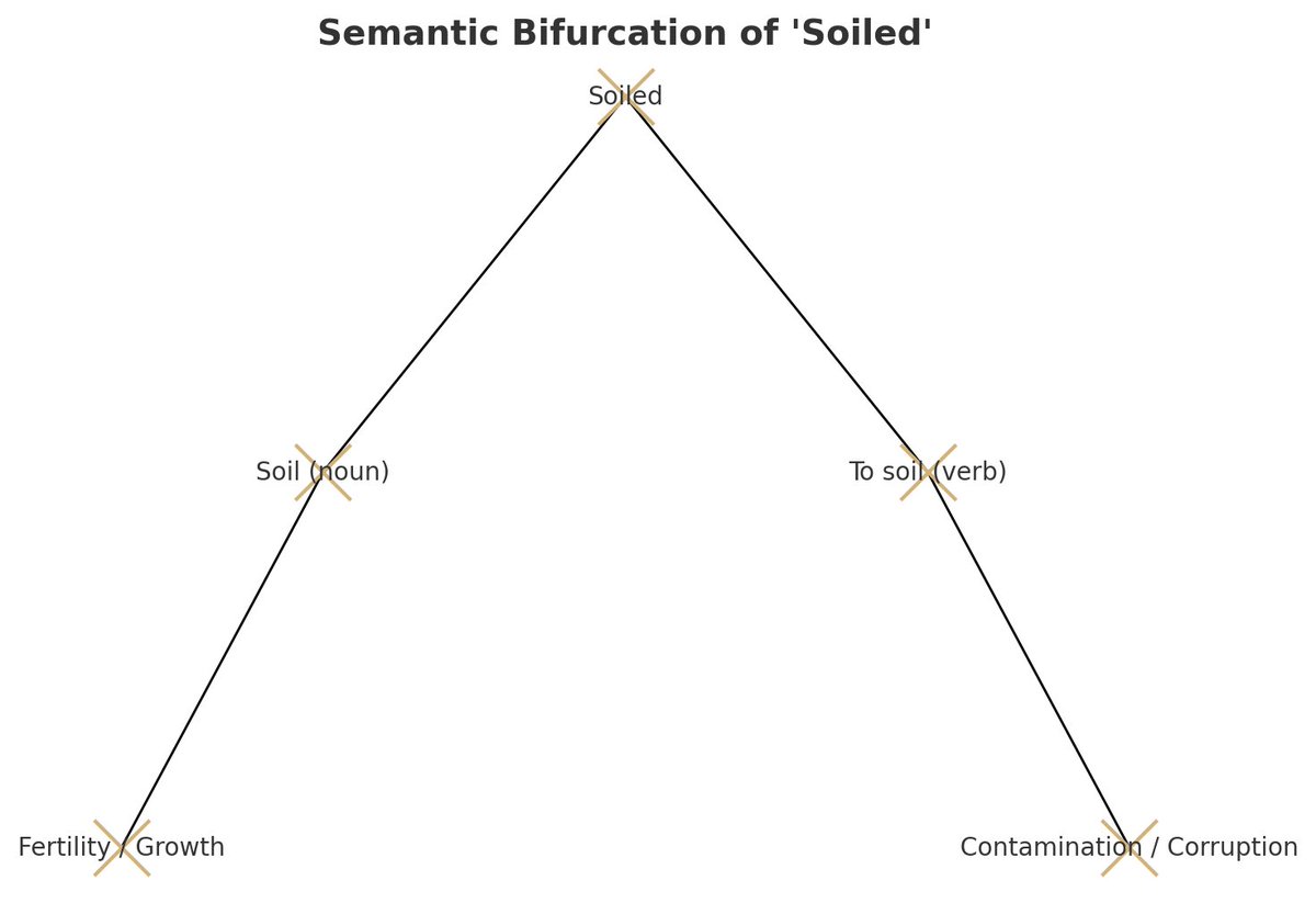 AndImOkayWithIt's tweet image. “Soiled”. A neat little semantic möbius-strip: the same word - soiled - can describe both a life-giving substrate and a state of corruption. 

Two etymological rivers—one agricultural, one moral/hygienic—merged into the modern form, creating a word that oscillates between…
