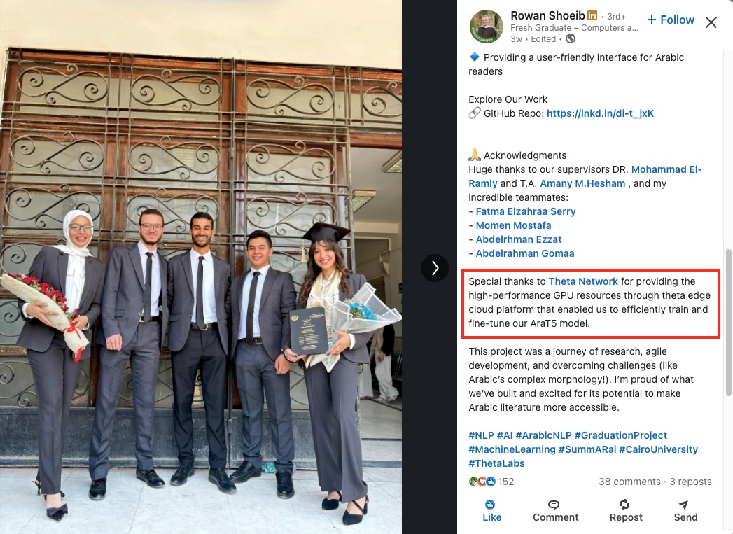 Mitch Liu | Theta Network (@mitchliu) on Twitter photo It's a pleasure to see <a href="/Theta_Network/">Theta Network</a> decentralized GPU infrastructure helping individual researchers and students like Rowan Shoeib from <a href="/CairoUniv/">Cairo University</a> in addition to enterprises and AI labs.
linkedin.com/posts/rowan-sh⦠It's a pleasure to see <a href="/Theta_Network/">Theta Network</a> decentralized GPU infrastructure helping individual researchers and students like Rowan Shoeib from <a href="/CairoUniv/">Cairo University</a> in addition to enterprises and AI labs.
linkedin.com/posts/rowan-shβ¦