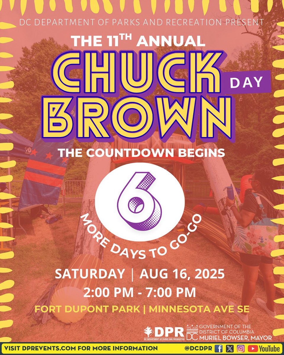 Oh Happy Day! We’re 6 DAYS AWAY from the biggest Go-Go celebration of the year!
🗓️ Sunday vibes today, but next Saturday we CRANK! 🔥

📍 Fort Dupont Park
🗓️ Sat, Aug 16 | 2–7 PM
🎉 Free + family-friendly

#ChuckBrownDay #6DaysOut #GoGoForever #WePlayTooMuch #DCSundays