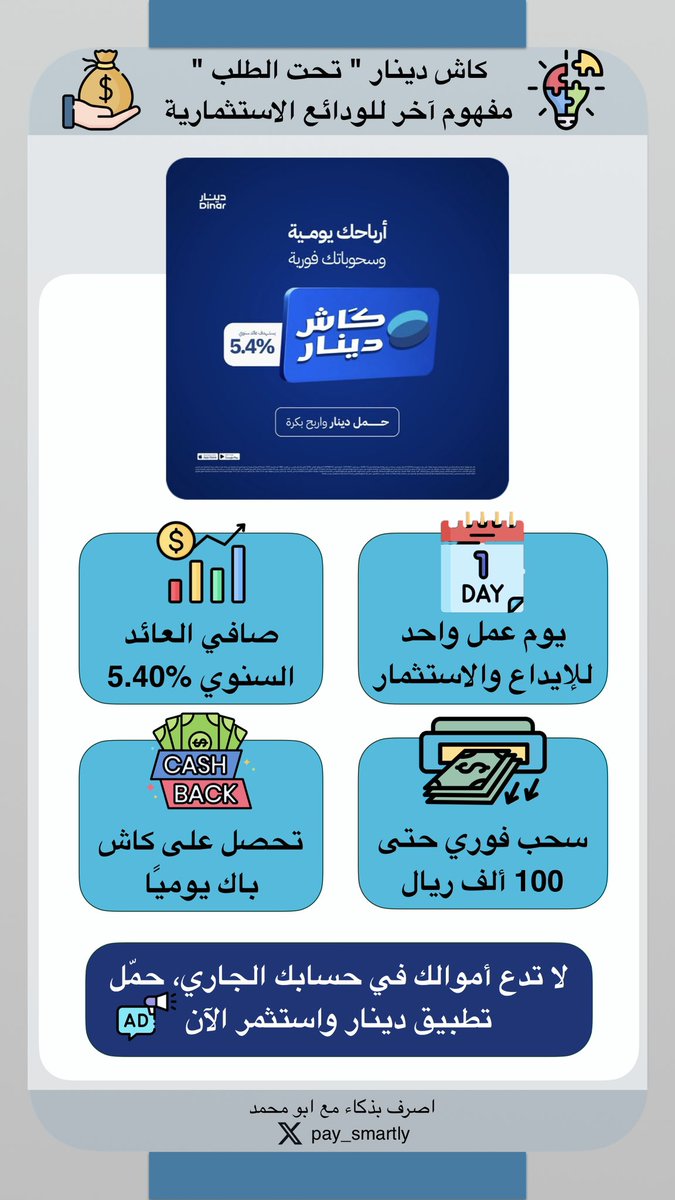 🔴💡 كيف تربح فلوس وأنت نايم بدون مخاطر؟ 😴

💰كاش دينار “تحت الطلب” يقدّم مفهوم مميز للودائع الاستثمارية.. 
تتعامل معاه كأنه حساب جاري، وهو يعطيك كاش باك يومي 💸 

📌 المميزات:
📈 صافي العائد السنوي: 5.40%
💵 الحد الأدنى 1000 ريال
⚡ إيداع واستثمار خلال يوم واحد فقط
🏦 سحب فوري