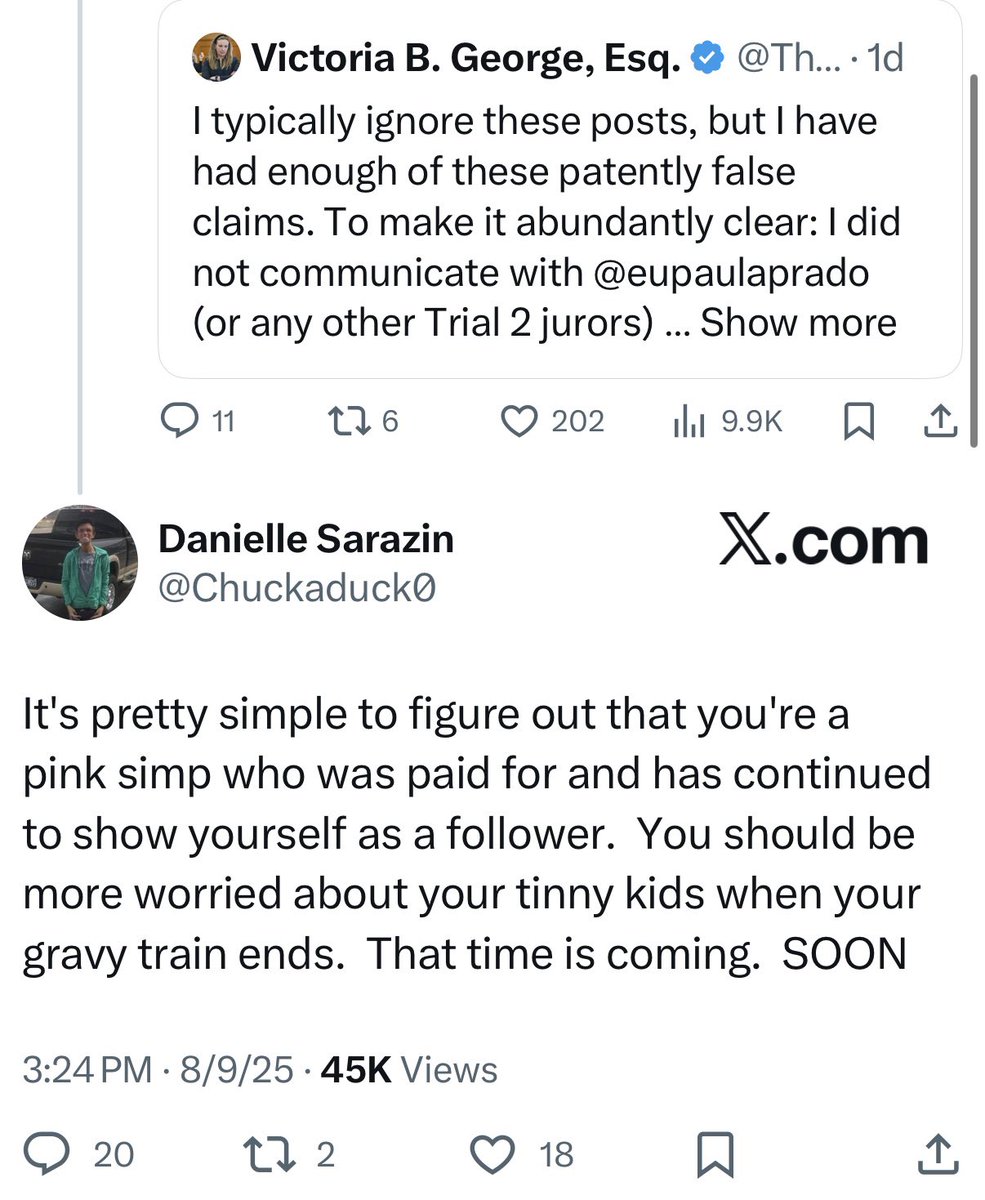 ThatJurorLawyer's tweet photo. Here are some of the explicit and implied threats directed at me and my family, including my minor children, just this weekend. These are far from the first threats I’ve received, but ignoring them hasn’t made them stop.

I trust that law enforcement — whether local police, the DA’s office, or the @MassStatePolice — will take these threats as seriously as they would if they were made against anyone’s loved ones.
